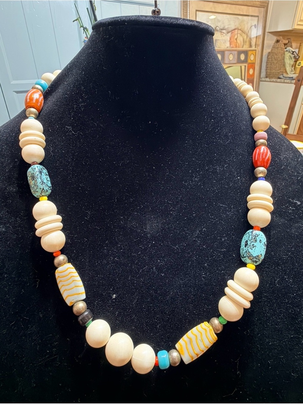 Handcrafted Multicolor Beaded Necklace with Turquoise and Cream Accents
